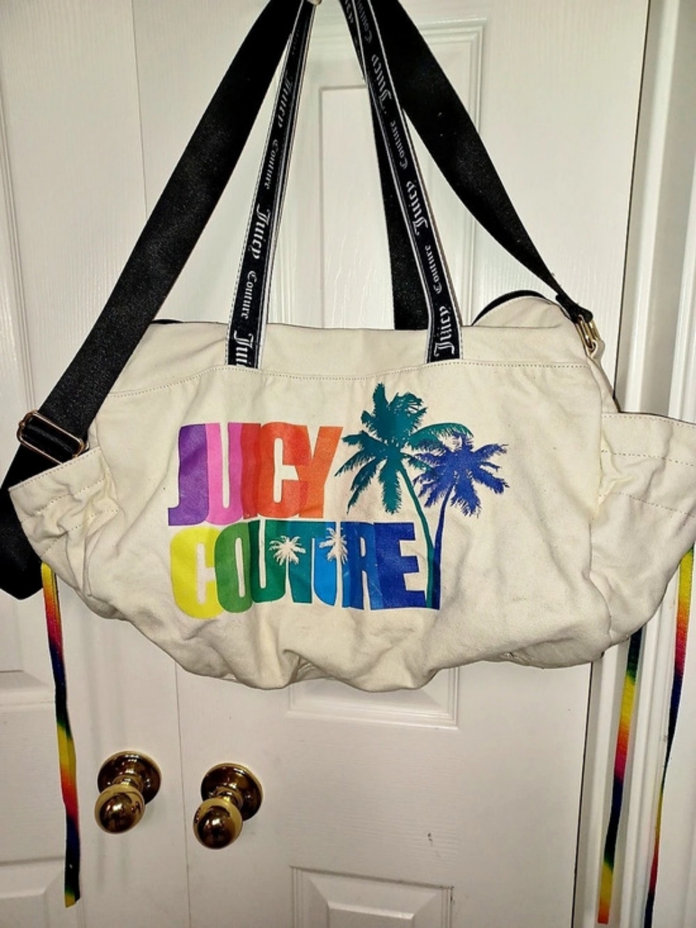 Juicy Couture Palm Tree Rainbow Canvas Duffle Bag Cream & Black